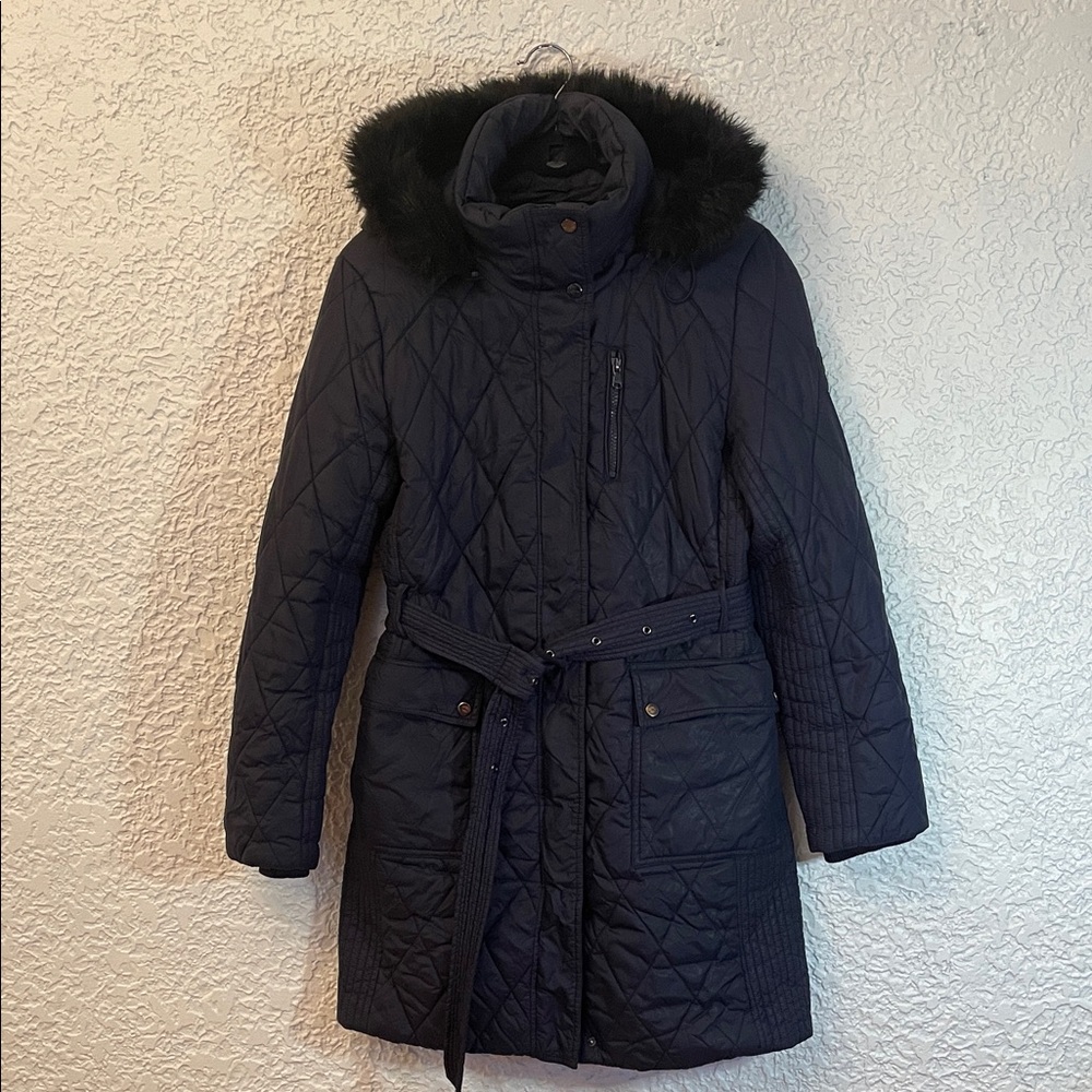 RALPH LAUREN Coat Women's Belted Navy Quilted Winter Coat w/ Faux Fur Trim